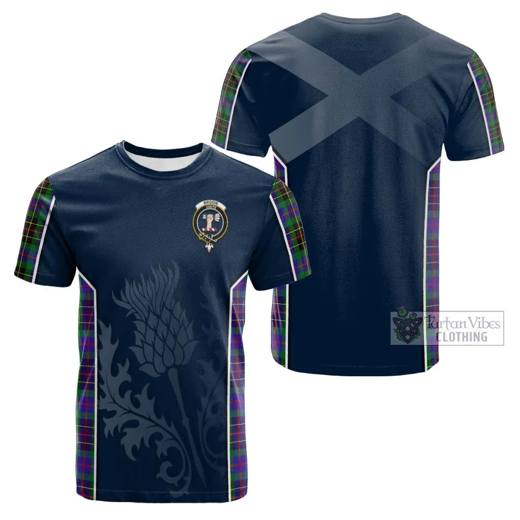 Brodie Hunting Modern Tartan Cotton T-shirt with Family Crest and Scottish Thistle Vibes Sport Style