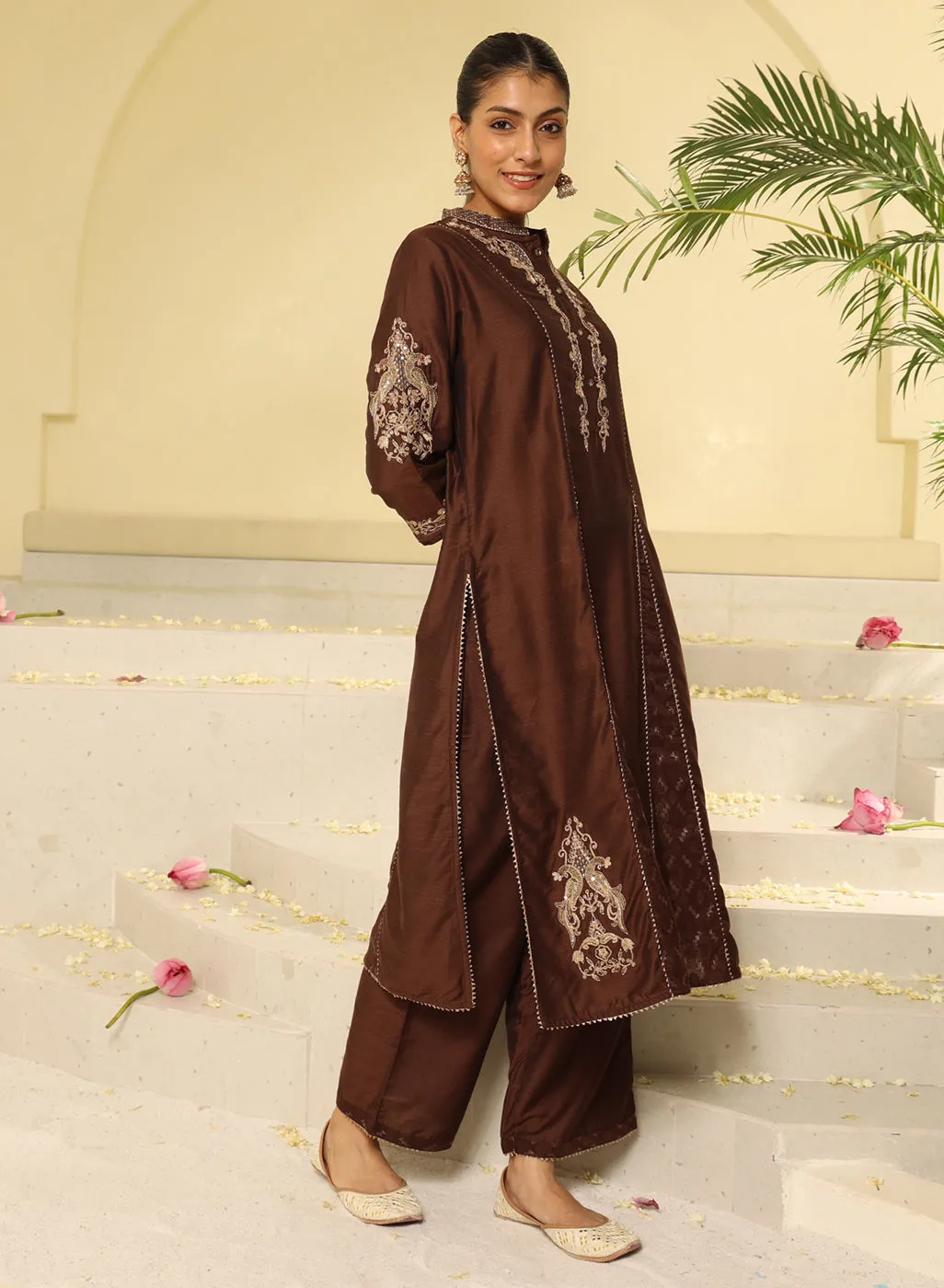 Brown Embroidered Sequins Work Kurta Set