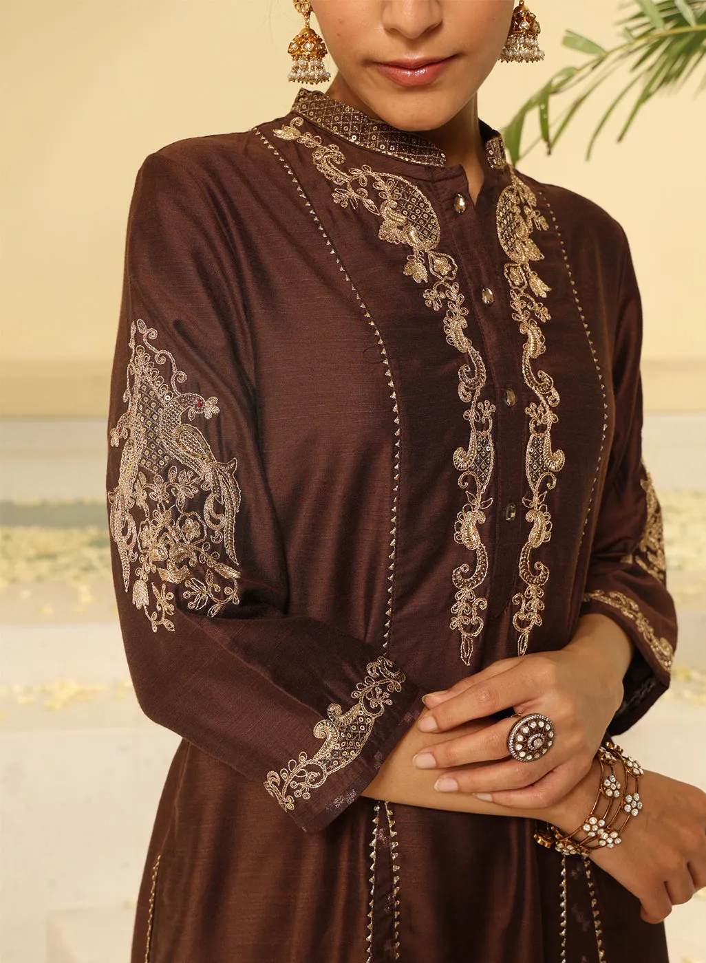 Brown Embroidered Sequins Work Kurta Set