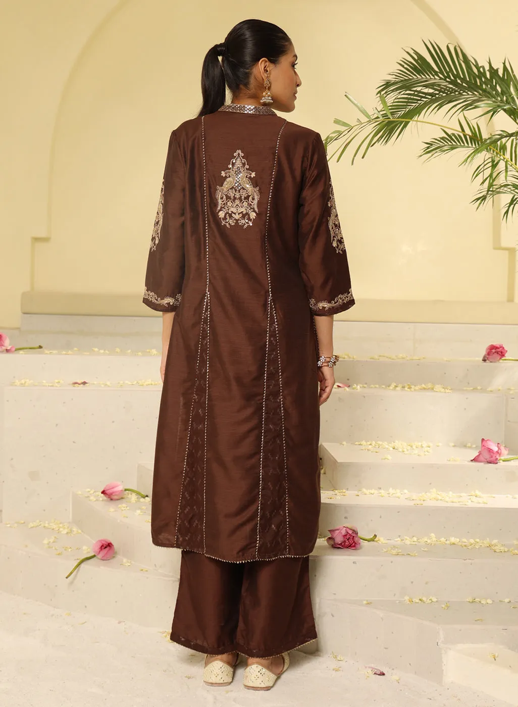 Brown Embroidered Sequins Work Kurta Set