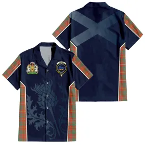 Bruce Ancient Tartan Short Sleeve Button Up Shirt with Family Crest and Scottish Thistle Vibes Sport Style