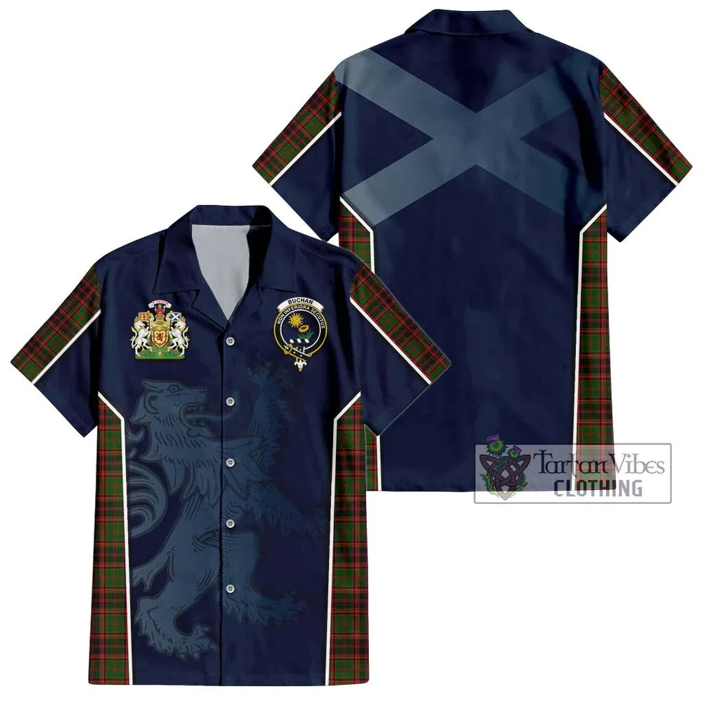 Buchan Tartan Short Sleeve Button Shirt with Family Crest and Lion Rampant Vibes Sport Style