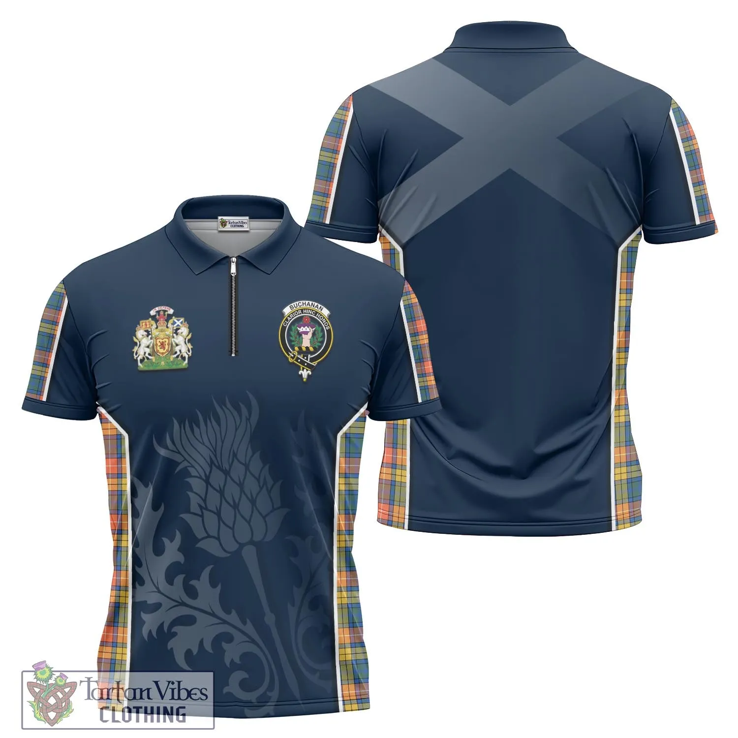 Buchanan Ancient Tartan Zipper Polo Shirt with Family Crest and Scottish Thistle Vibes Sport Style