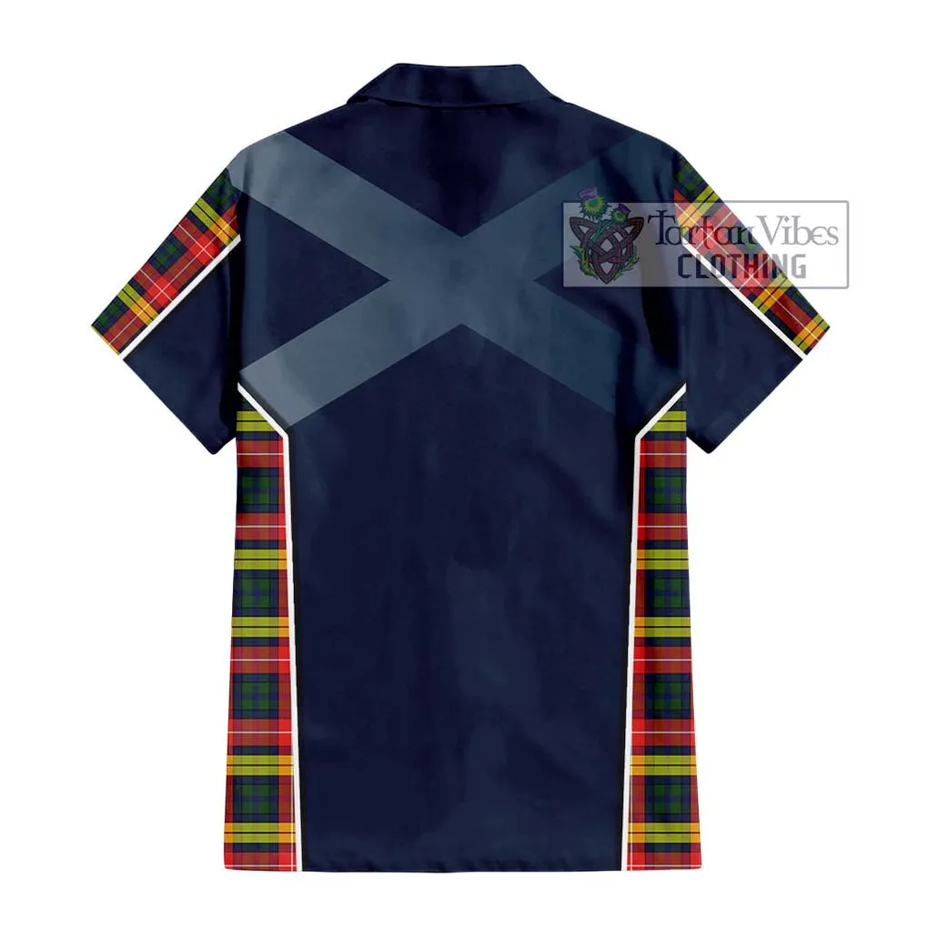 Buchanan Modern Tartan Short Sleeve Button Shirt with Family Crest and Lion Rampant Vibes Sport Style