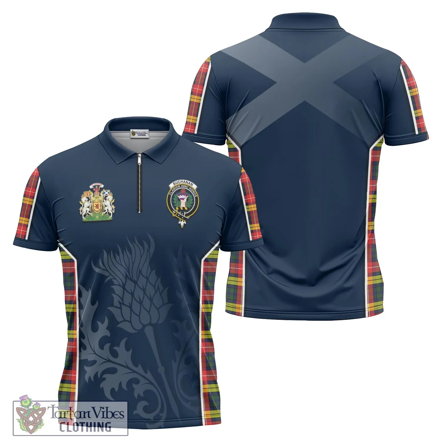 Buchanan Modern Tartan Zipper Polo Shirt with Family Crest and Scottish Thistle Vibes Sport Style