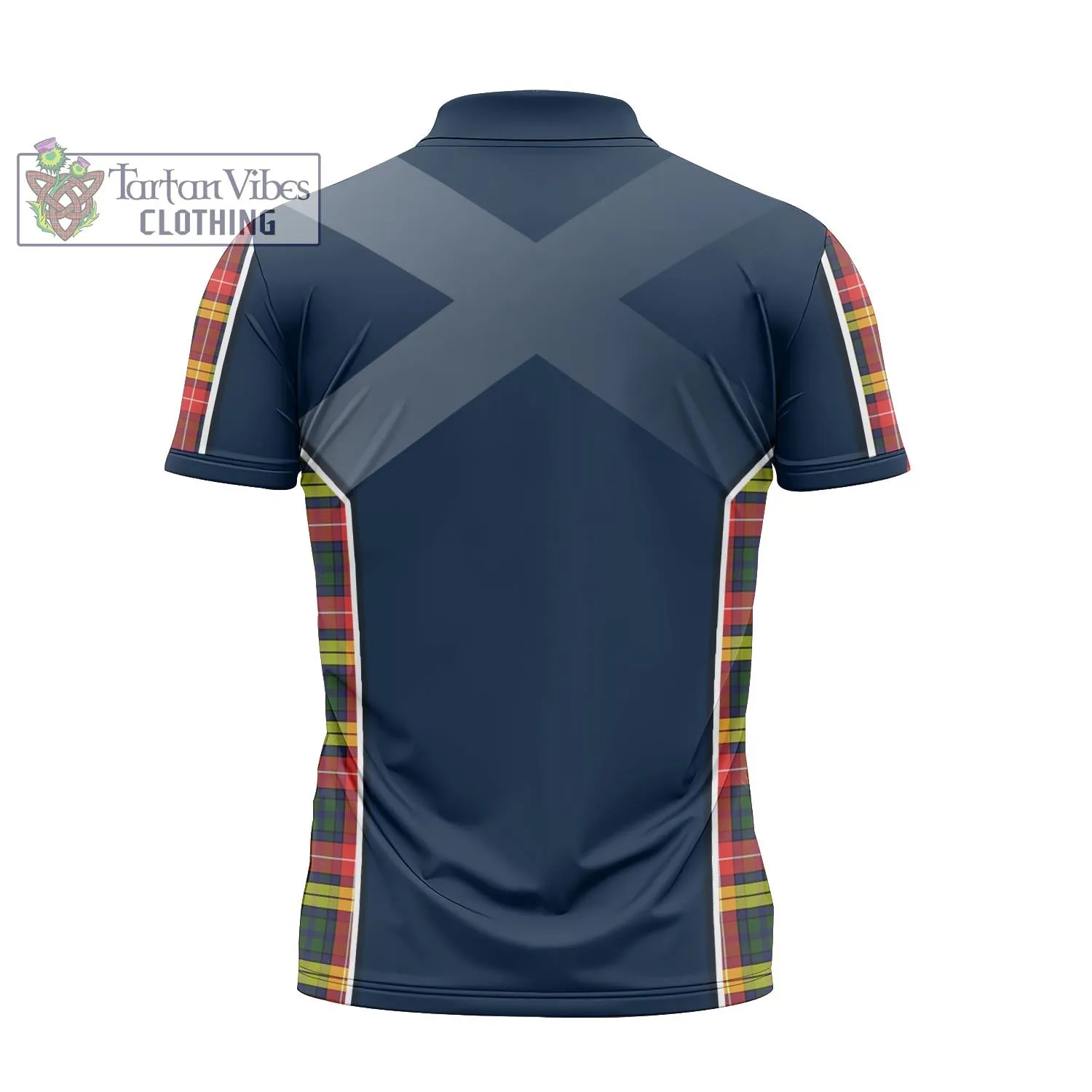 Buchanan Modern Tartan Zipper Polo Shirt with Family Crest and Scottish Thistle Vibes Sport Style