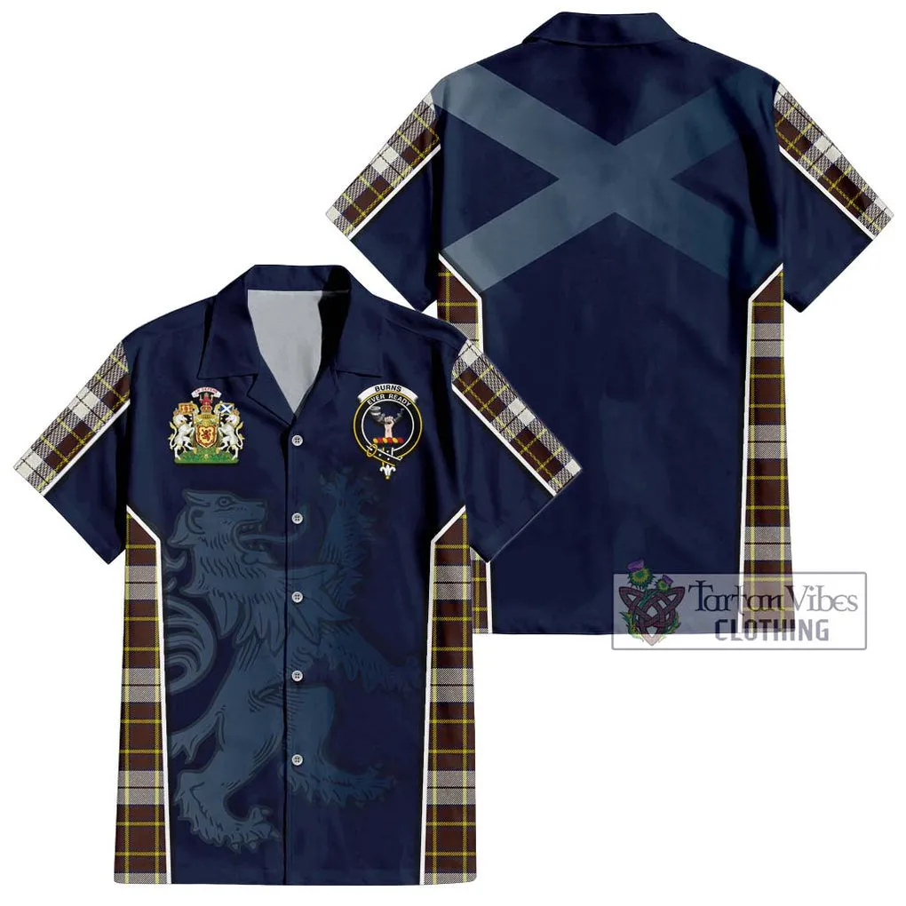 Burns Battalion Weathered Tartan Short Sleeve Button Shirt with Family Crest and Lion Rampant Vibes Sport Style