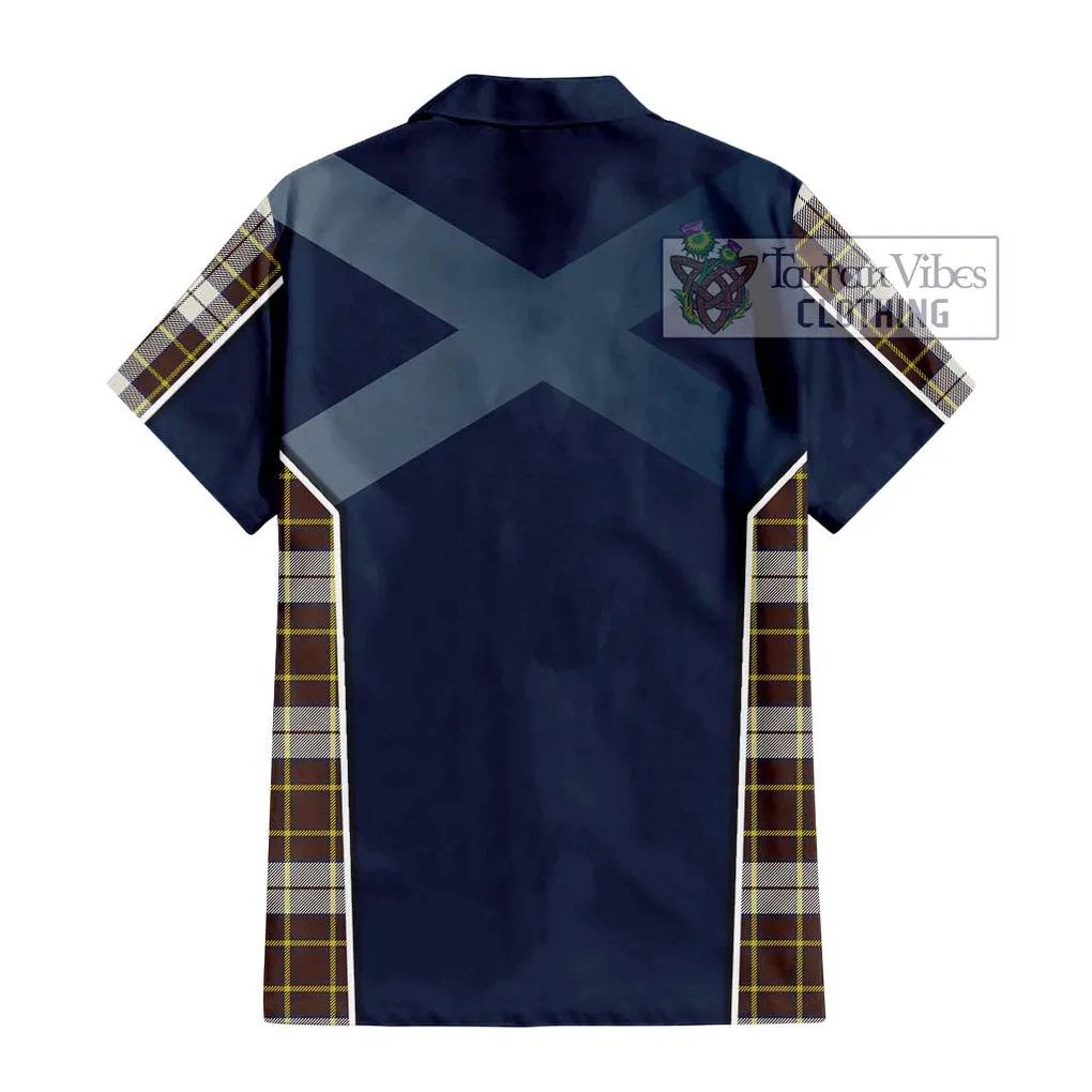 Burns Battalion Weathered Tartan Short Sleeve Button Shirt with Family Crest and Lion Rampant Vibes Sport Style