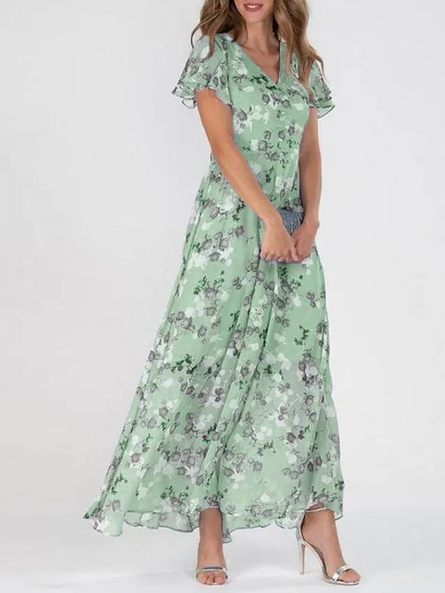 Casual Dress Swing Dress Floral Dress Chiffon Long Dress Maxi Dress Green Blue Light Blue Short Sleeve Floral Ruffle Spring Summer V Neck Fashion Daily Date Vacation  S M L XL XXL 3XL for Women