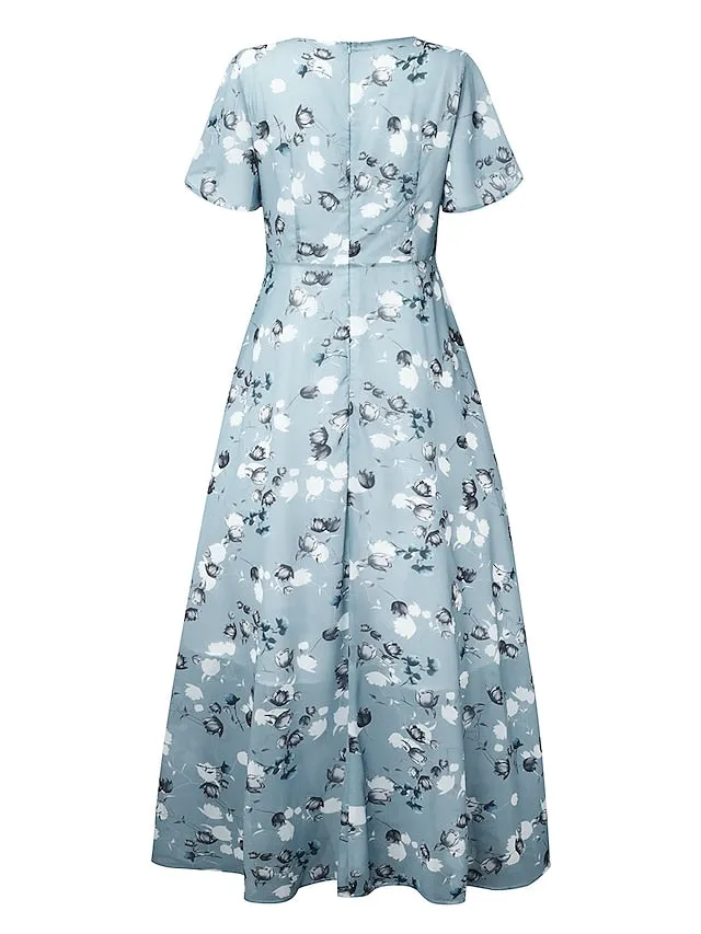 Casual Dress Swing Dress Floral Dress Chiffon Long Dress Maxi Dress Green Blue Light Blue Short Sleeve Floral Ruffle Spring Summer V Neck Fashion Daily Date Vacation  S M L XL XXL 3XL for Women