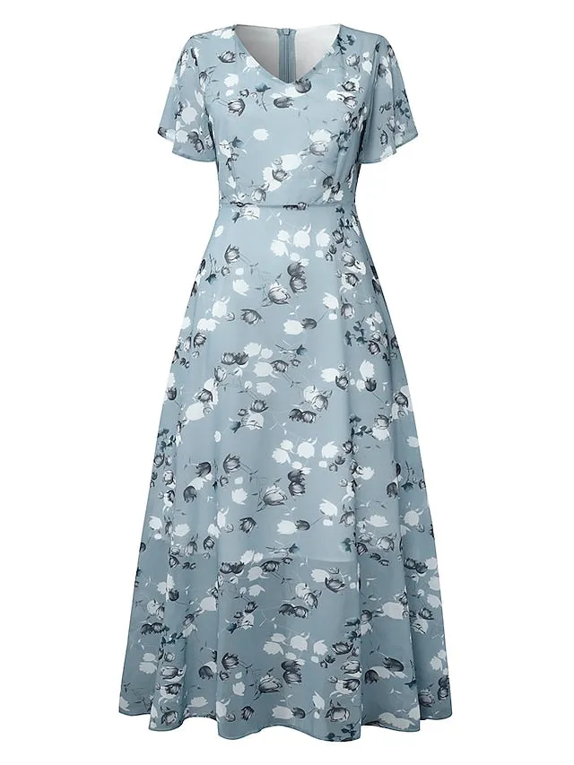 Casual Dress Swing Dress Floral Dress Chiffon Long Dress Maxi Dress Green Blue Light Blue Short Sleeve Floral Ruffle Spring Summer V Neck Fashion Daily Date Vacation  S M L XL XXL 3XL for Women