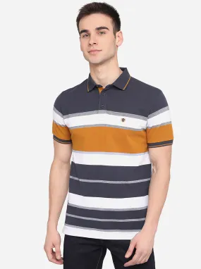 Cement Grey & Yellow Striped Slim Fit Polo T-Shirt | JadeBlue