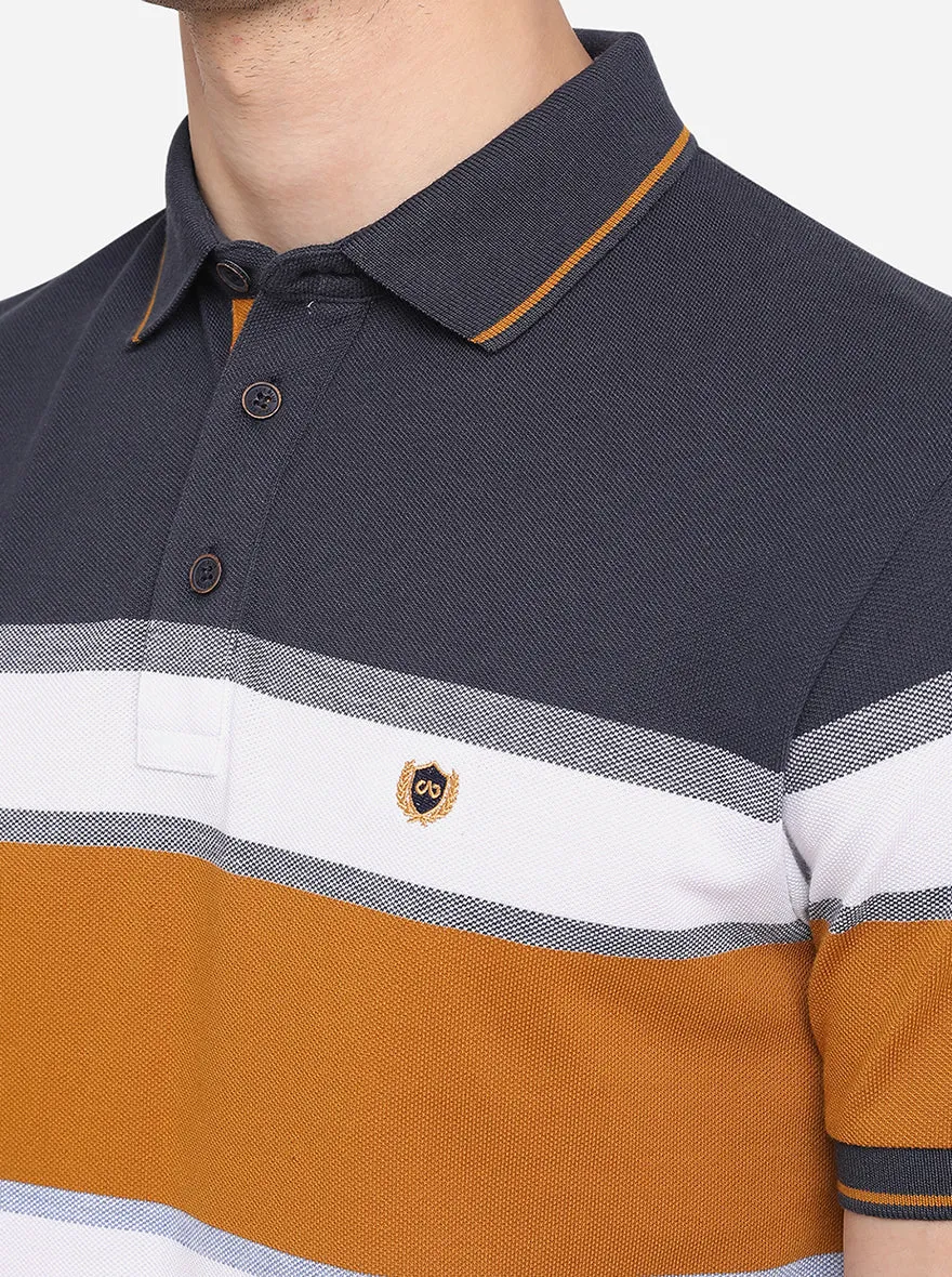 Cement Grey & Yellow Striped Slim Fit Polo T-Shirt | JadeBlue