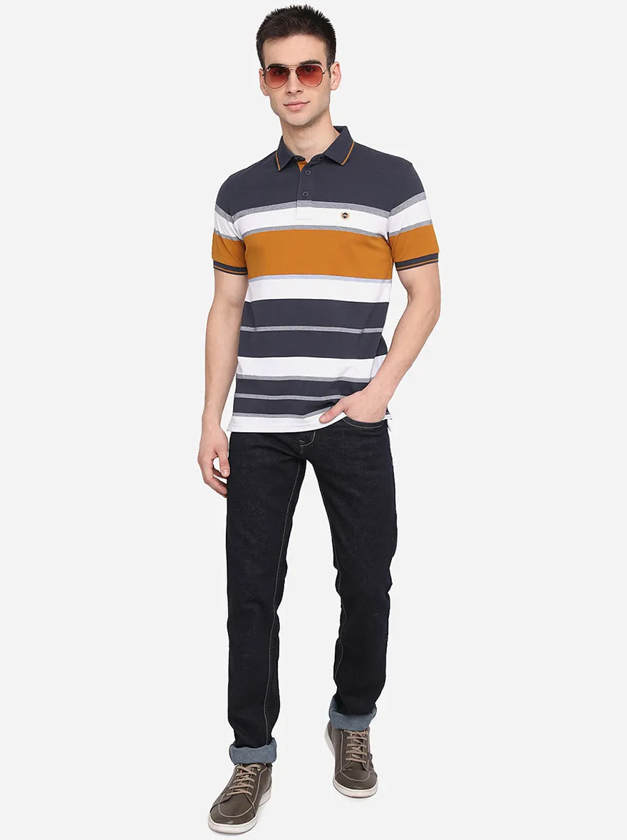 Cement Grey & Yellow Striped Slim Fit Polo T-Shirt | JadeBlue