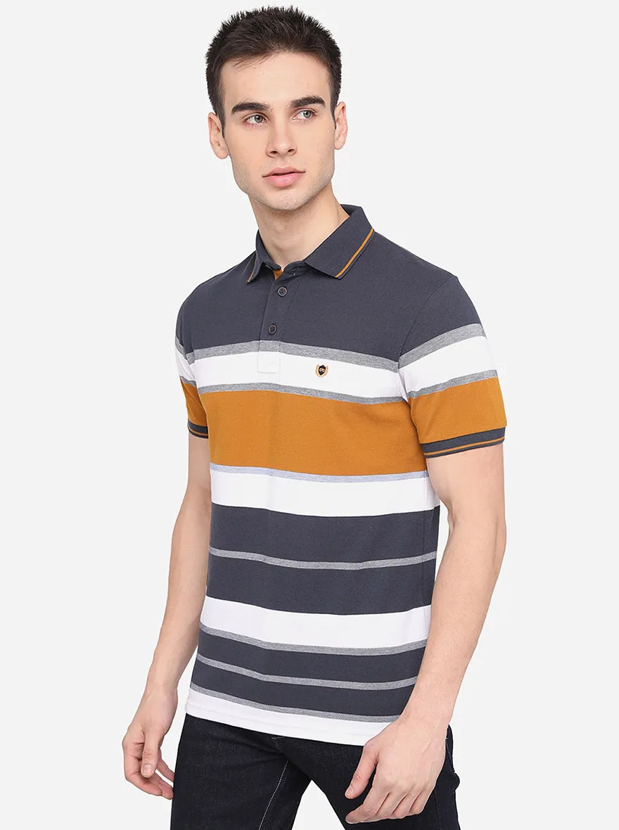 Cement Grey & Yellow Striped Slim Fit Polo T-Shirt | JadeBlue