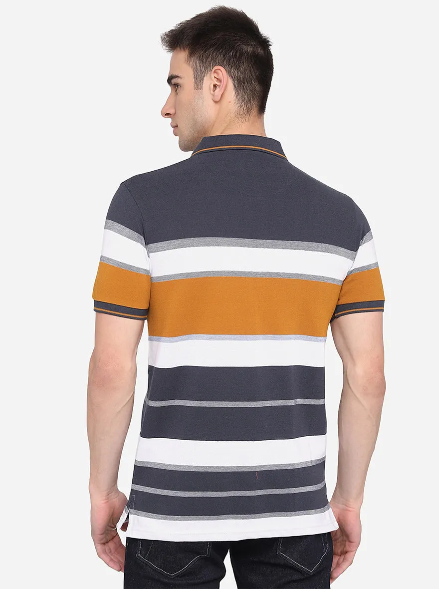 Cement Grey & Yellow Striped Slim Fit Polo T-Shirt | JadeBlue