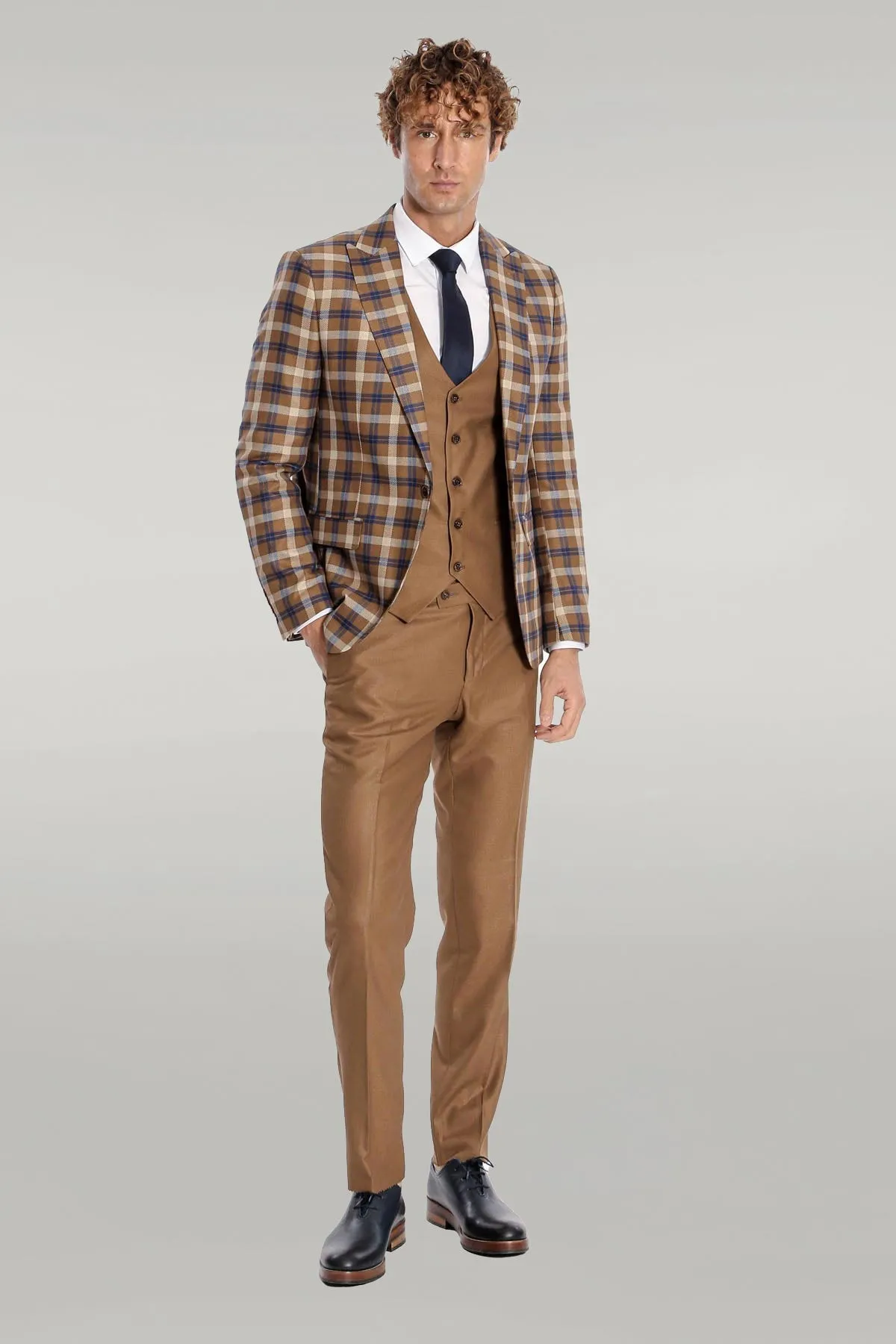 Checked Slim Fit Brown Men Suit  - Wessi