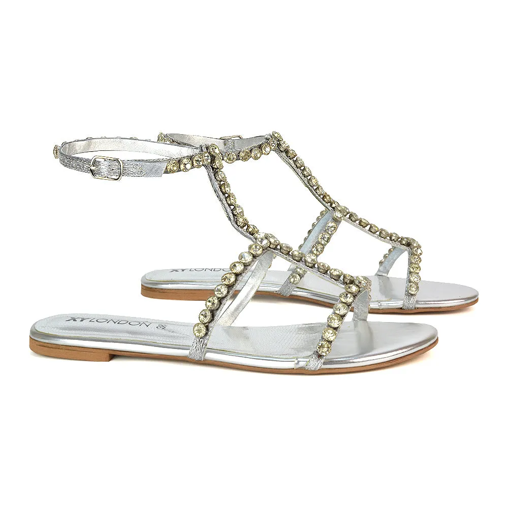 Cher Flat Ankle Strap Holiday Rhinestone Summer Diamante Sandals in Black