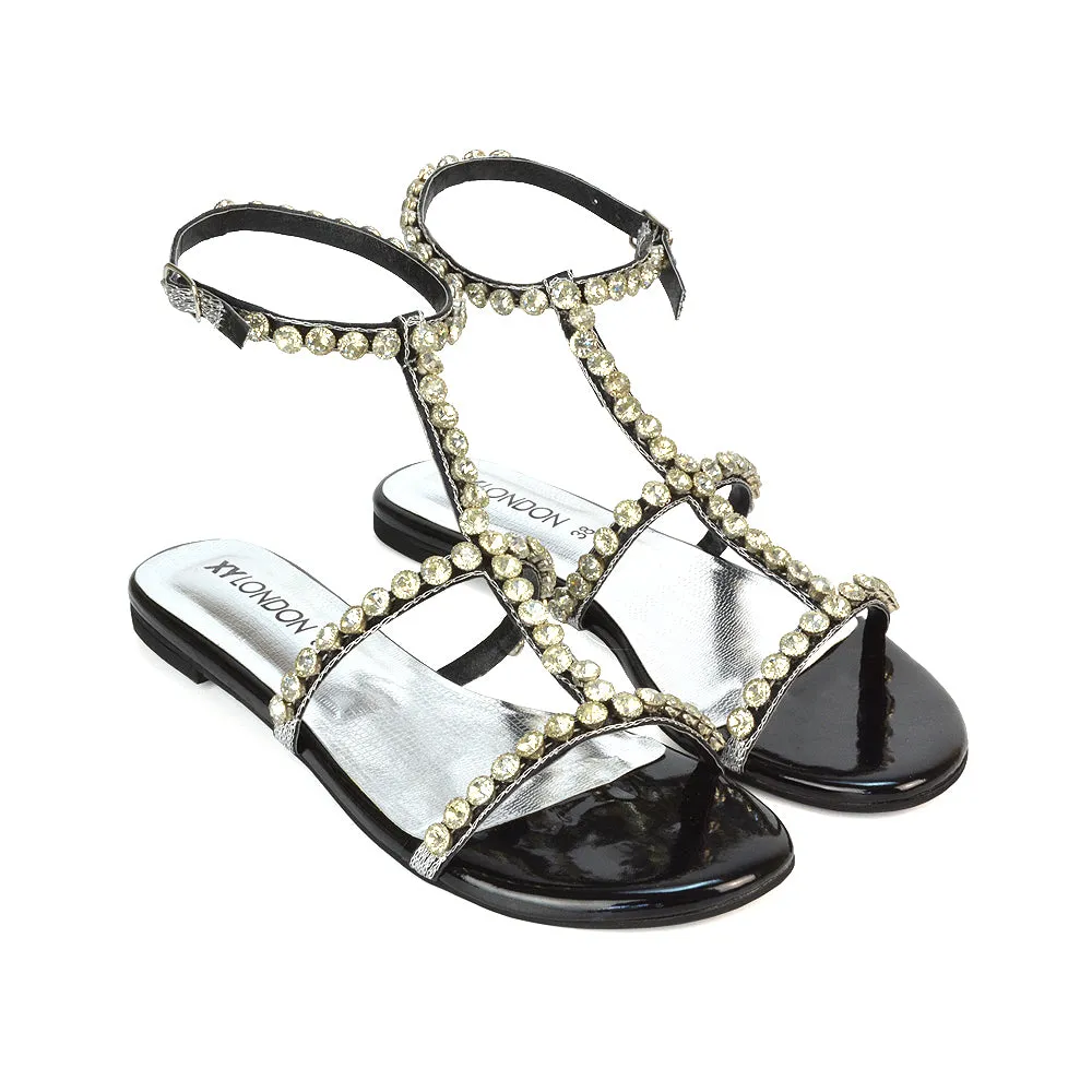 Cher Flat Ankle Strap Holiday Rhinestone Summer Diamante Sandals in Black