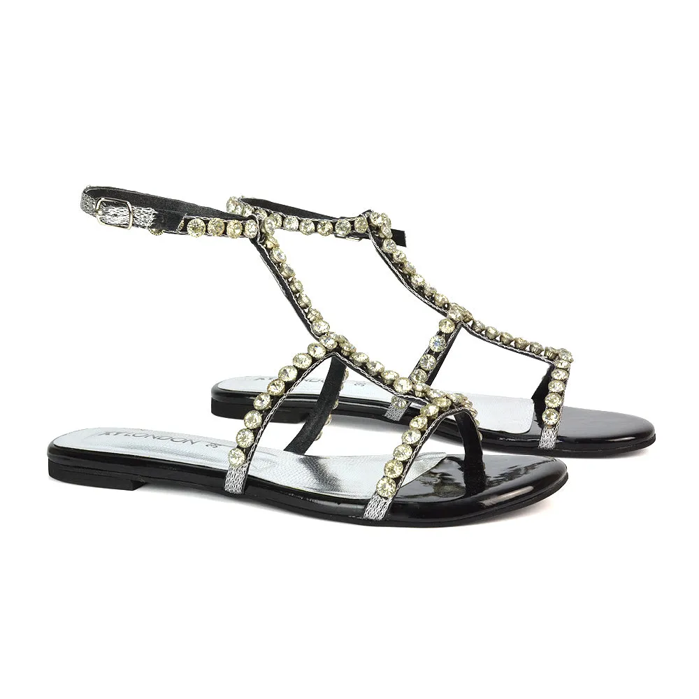 Cher Flat Ankle Strap Holiday Rhinestone Summer Diamante Sandals in Black