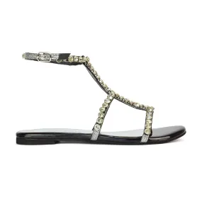 Cher Flat Ankle Strap Holiday Rhinestone Summer Diamante Sandals in Black