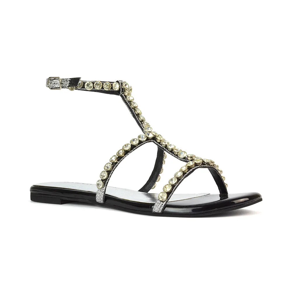 Cher Flat Ankle Strap Holiday Rhinestone Summer Diamante Sandals in Black