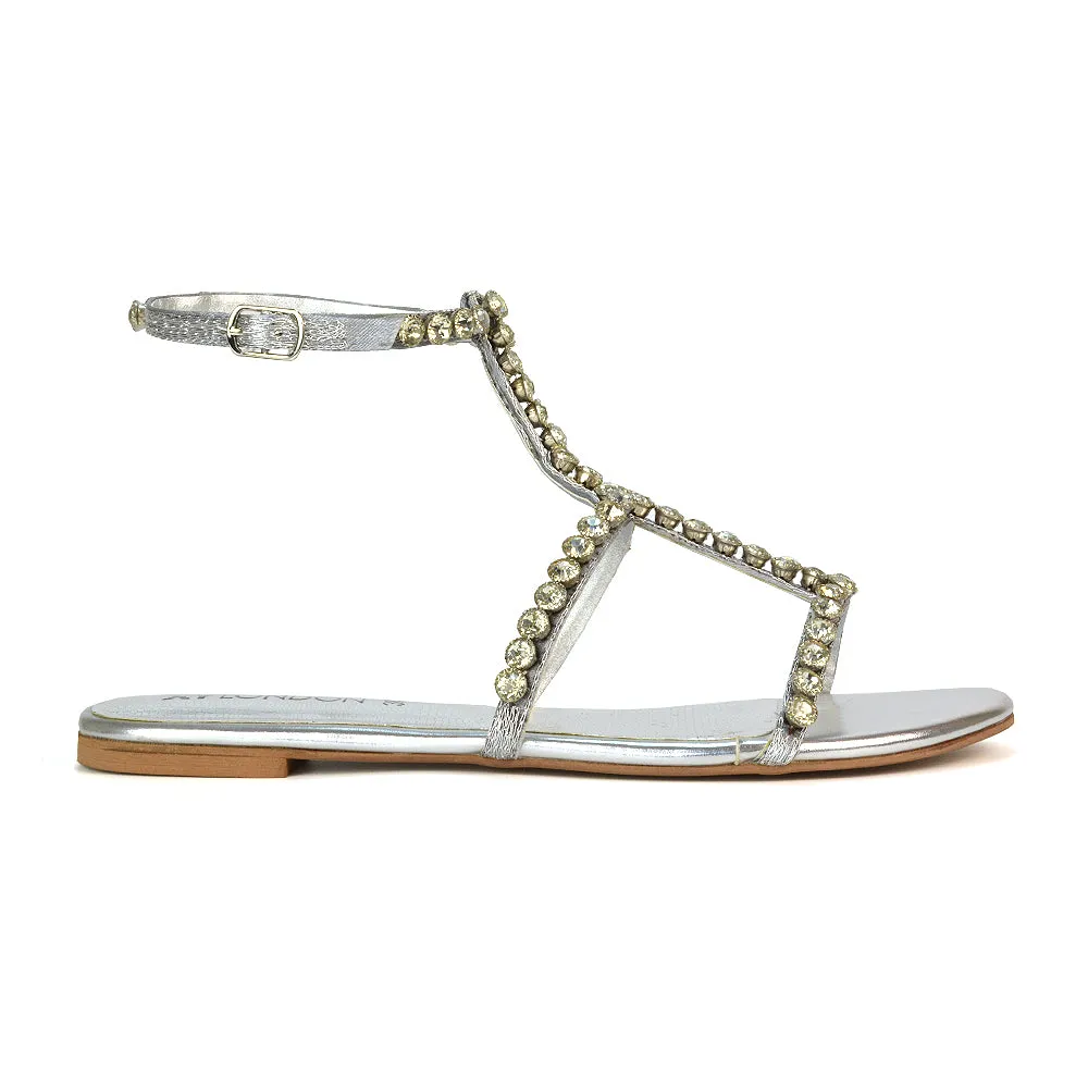 Cher Flat Ankle Strap Holiday Rhinestone Summer Diamante Sandals in Black