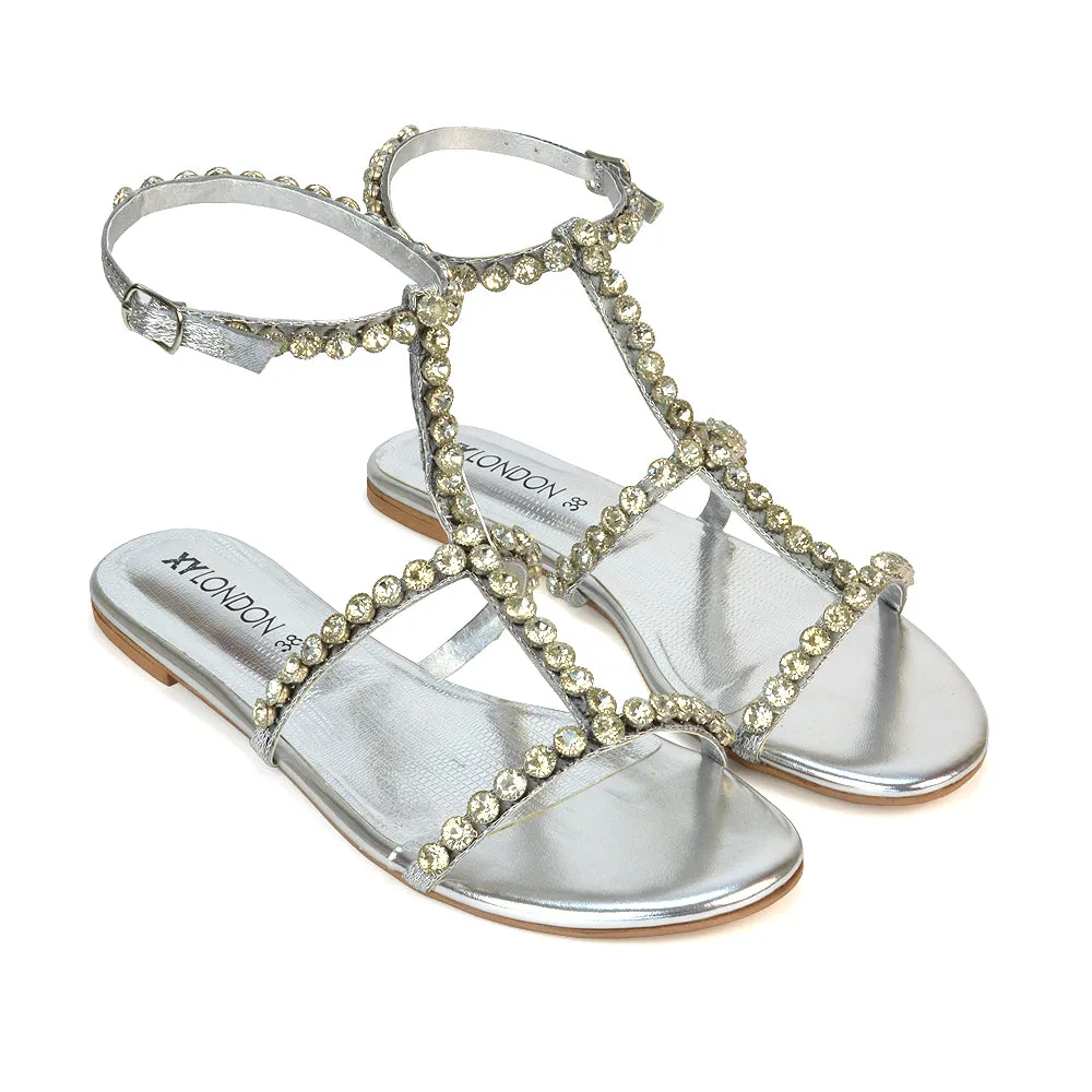 Cher Flat Ankle Strap Holiday Rhinestone Summer Diamante Sandals in Black