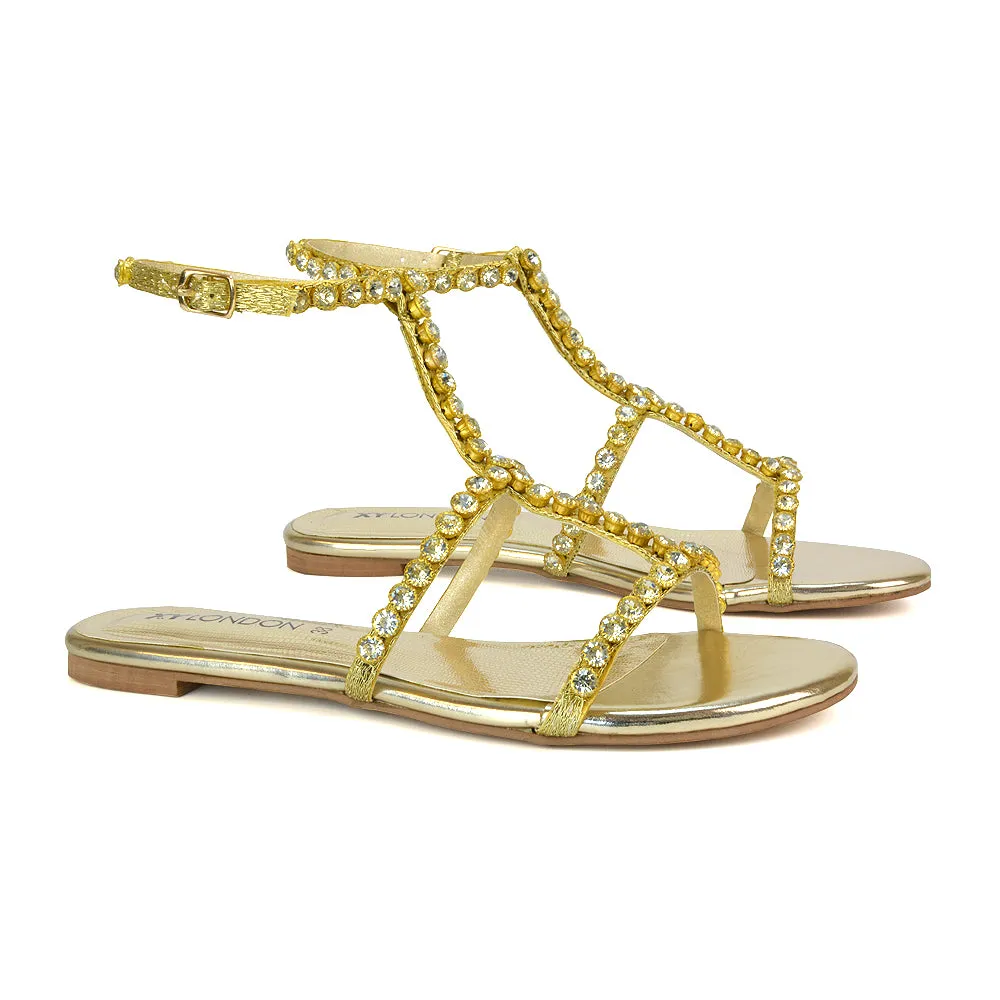 Cher Flat Ankle Strap Holiday Rhinestone Summer Diamante Sandals in Black