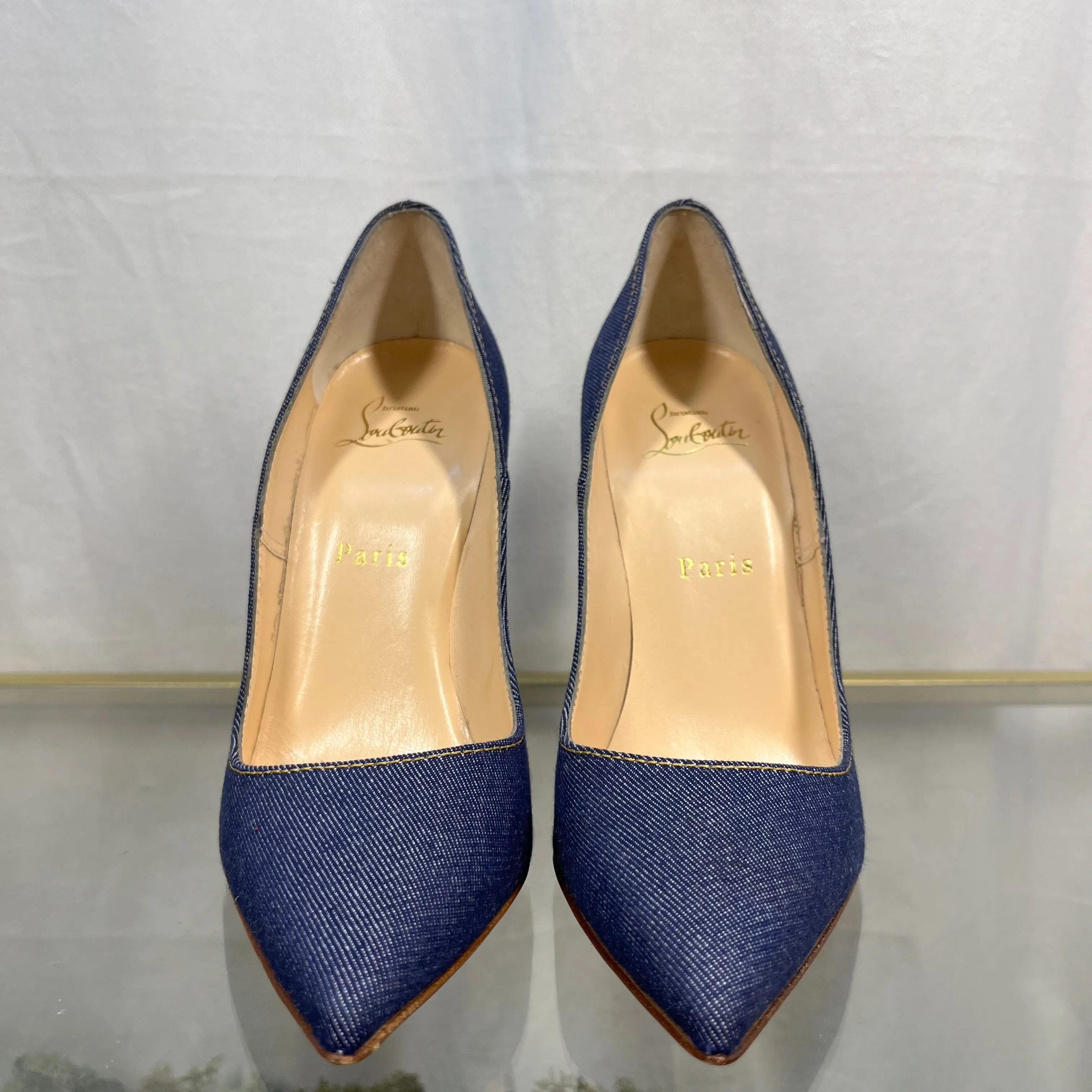 CHRISTIAN LOUBOUTIN So Kate 120 Denim/ Jazz Calf Heels SZ 37.5