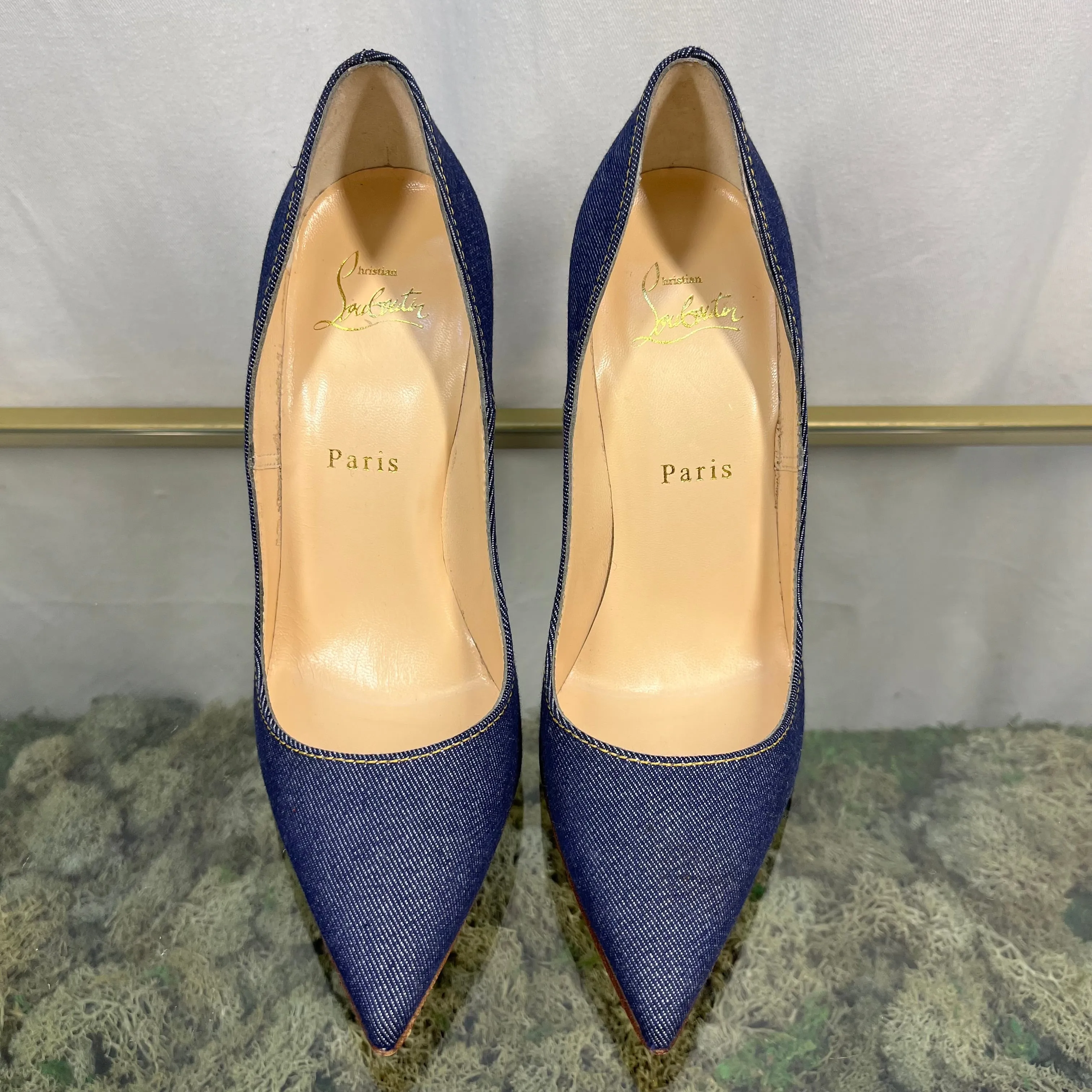 CHRISTIAN LOUBOUTIN So Kate 120 Denim/ Jazz Calf Heels SZ 37.5