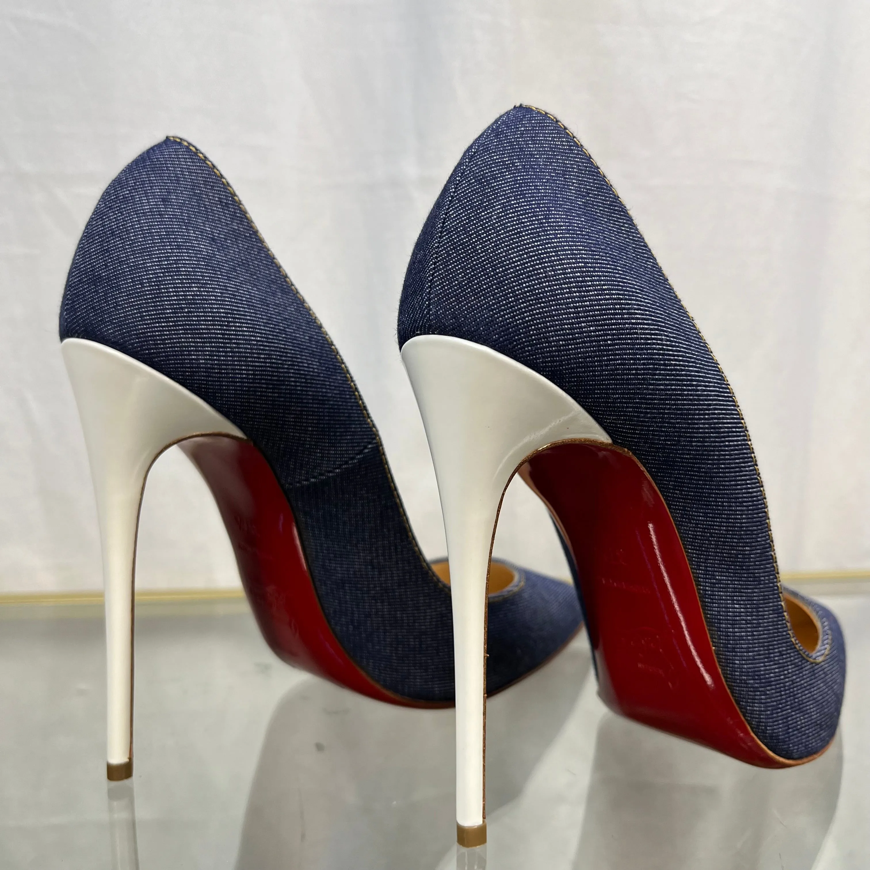 CHRISTIAN LOUBOUTIN So Kate 120 Denim/ Jazz Calf Heels SZ 37.5