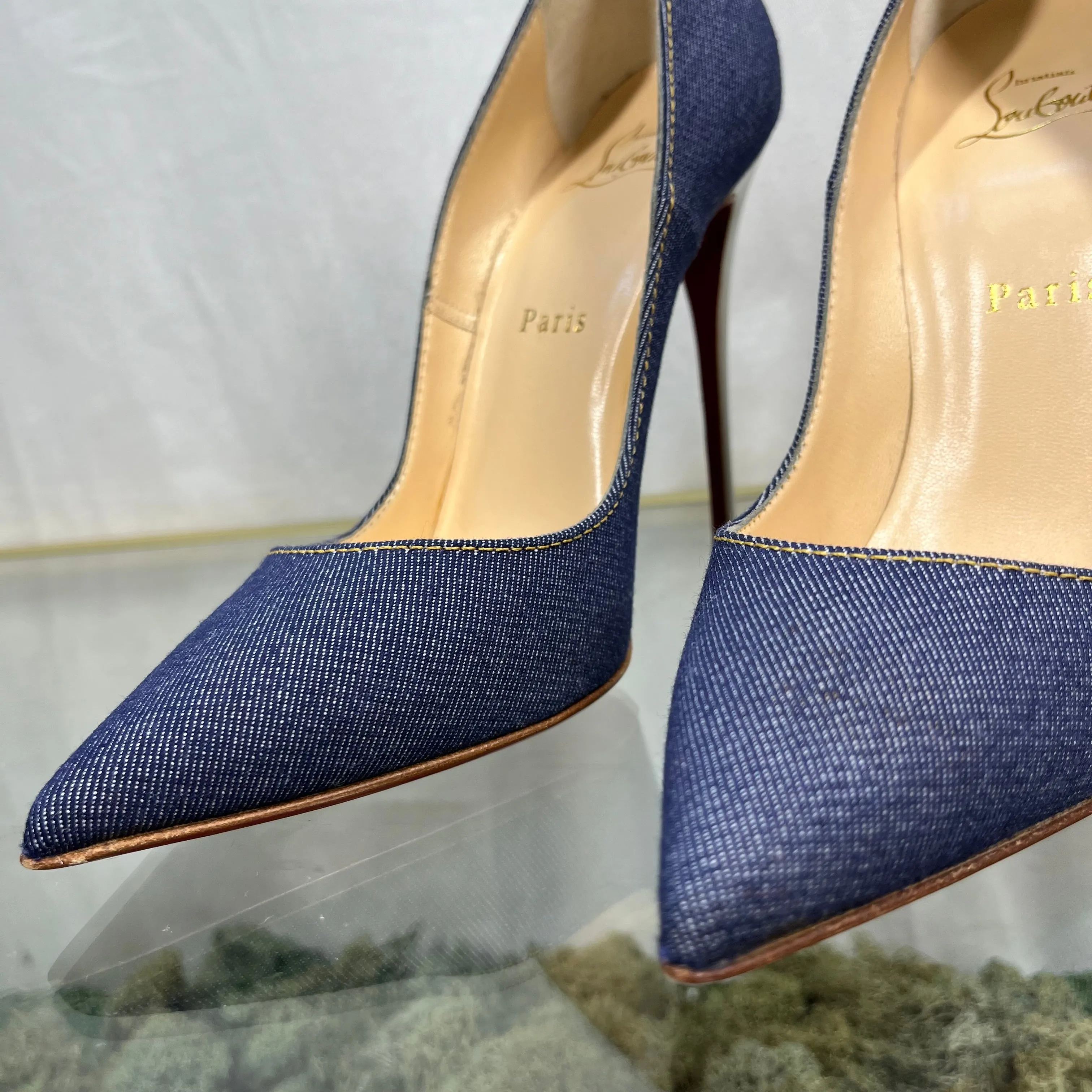 CHRISTIAN LOUBOUTIN So Kate 120 Denim/ Jazz Calf Heels SZ 37.5