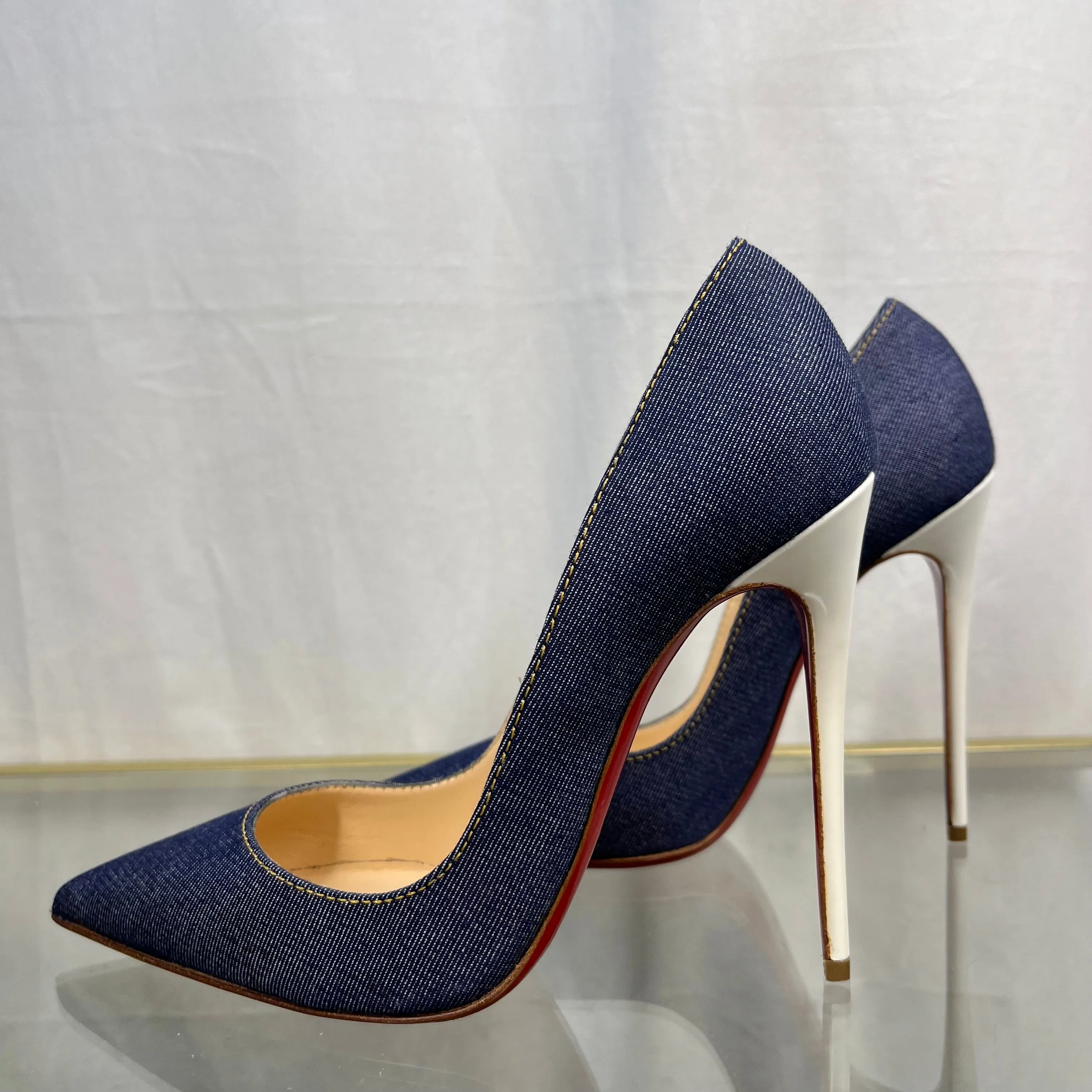 CHRISTIAN LOUBOUTIN So Kate 120 Denim/ Jazz Calf Heels SZ 37.5