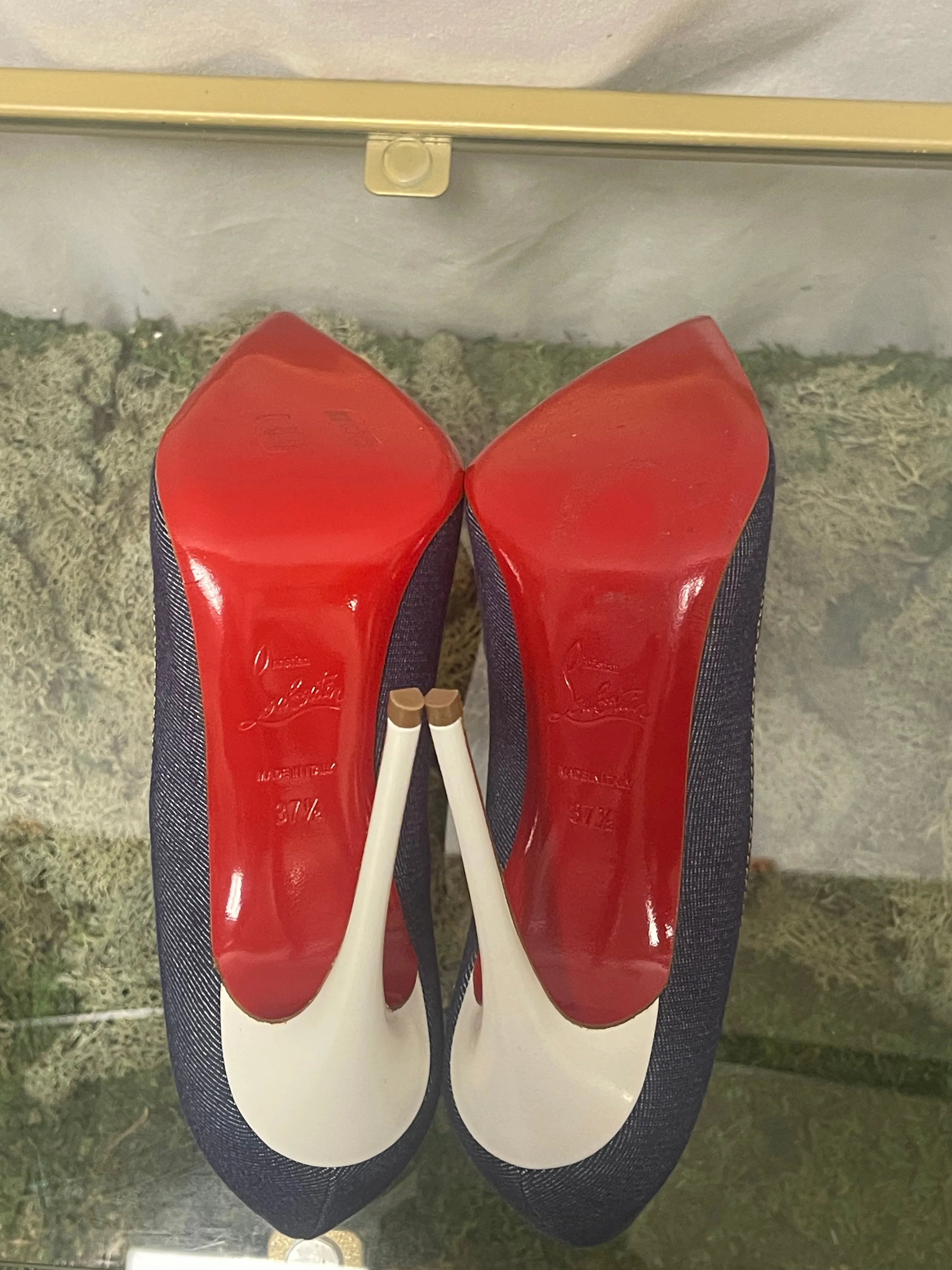 CHRISTIAN LOUBOUTIN So Kate 120 Denim/ Jazz Calf Heels SZ 37.5