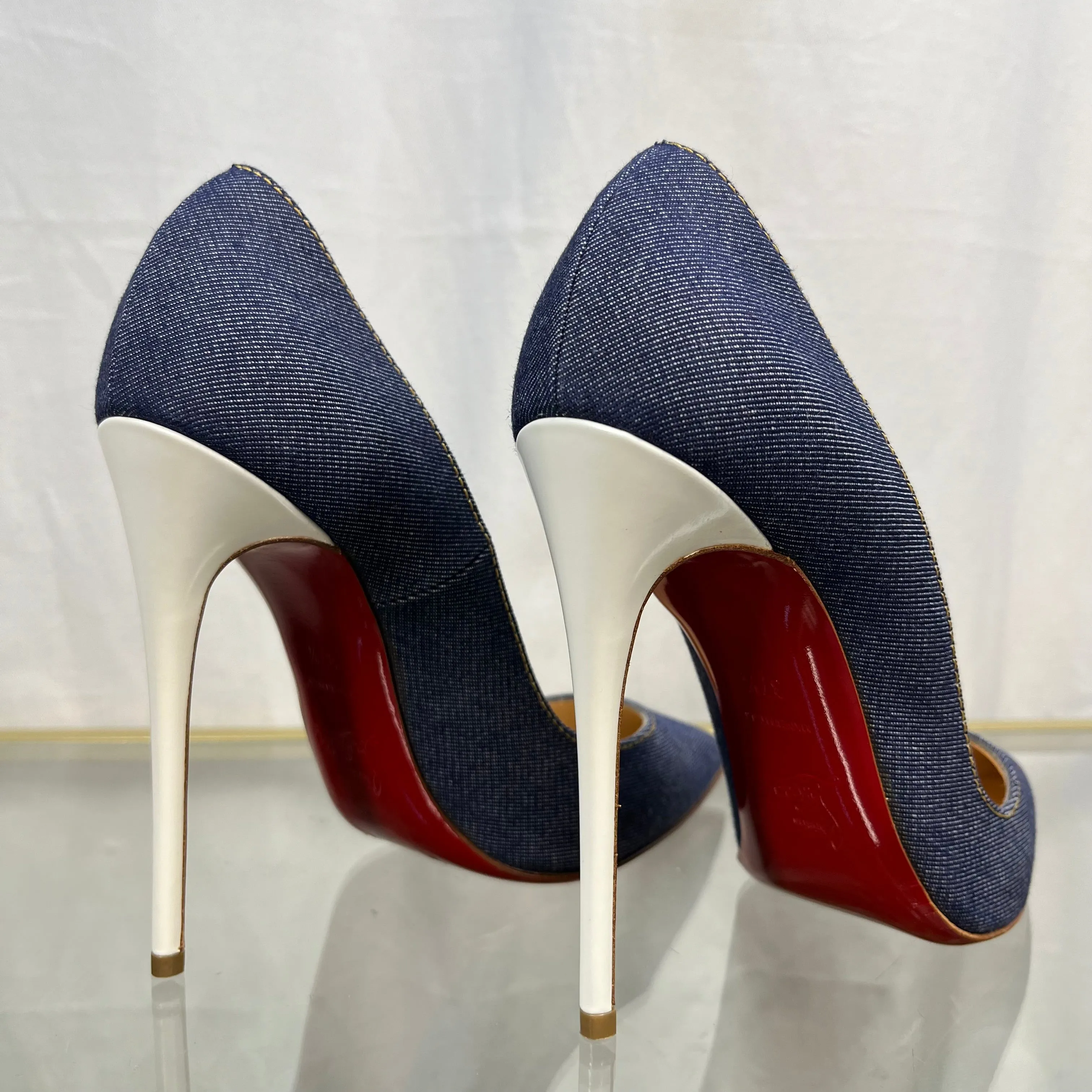 CHRISTIAN LOUBOUTIN So Kate 120 Denim/ Jazz Calf Heels SZ 37.5