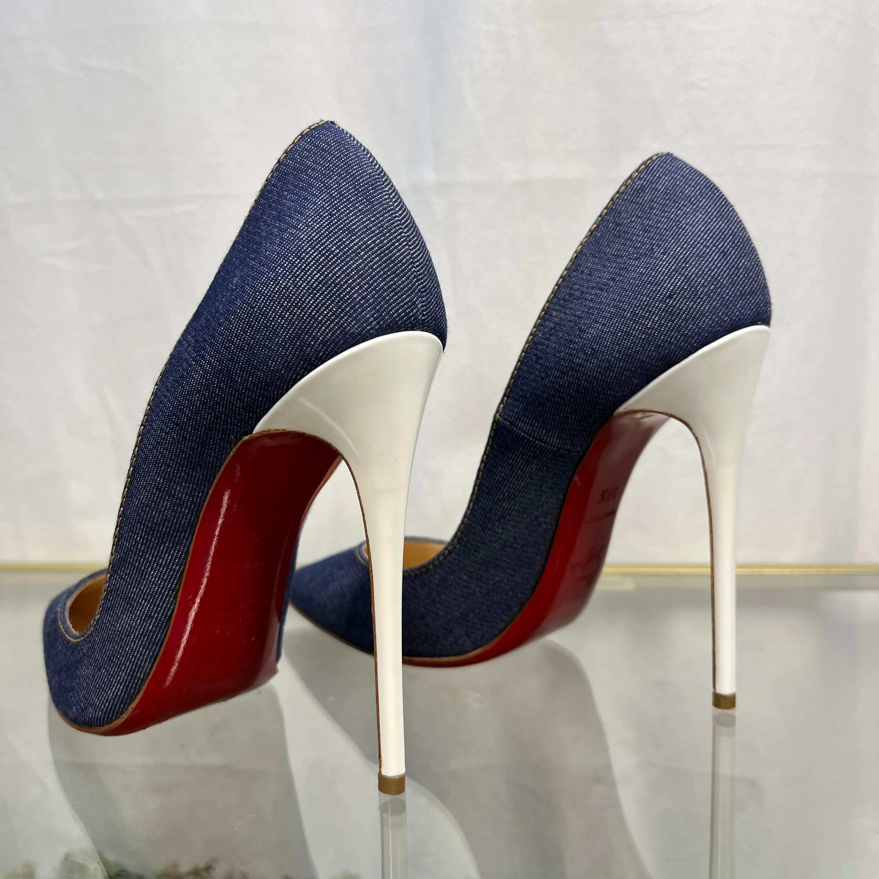 CHRISTIAN LOUBOUTIN So Kate 120 Denim/ Jazz Calf Heels SZ 37.5