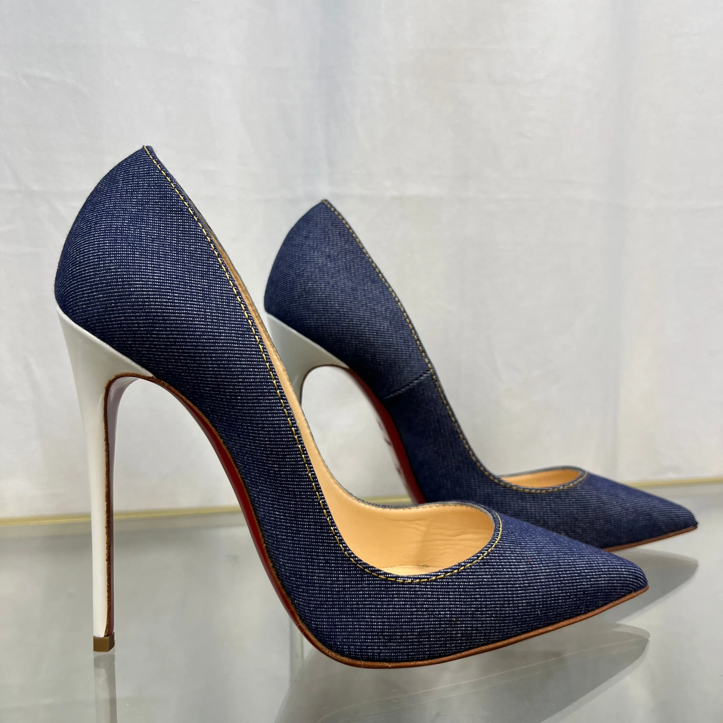 CHRISTIAN LOUBOUTIN So Kate 120 Denim/ Jazz Calf Heels SZ 37.5