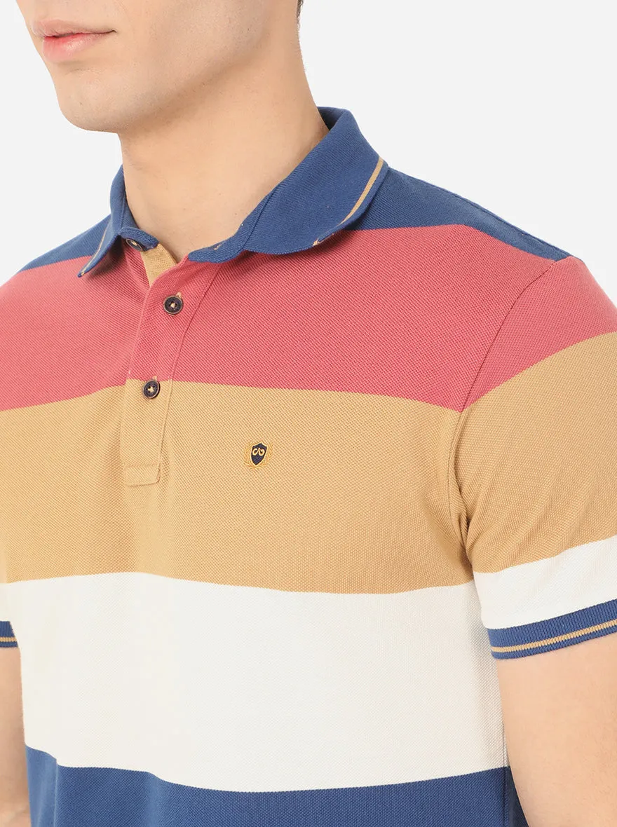 Cloud Pink & Beige Striped Slim Fit Polo T-Shirt | JadeBlue