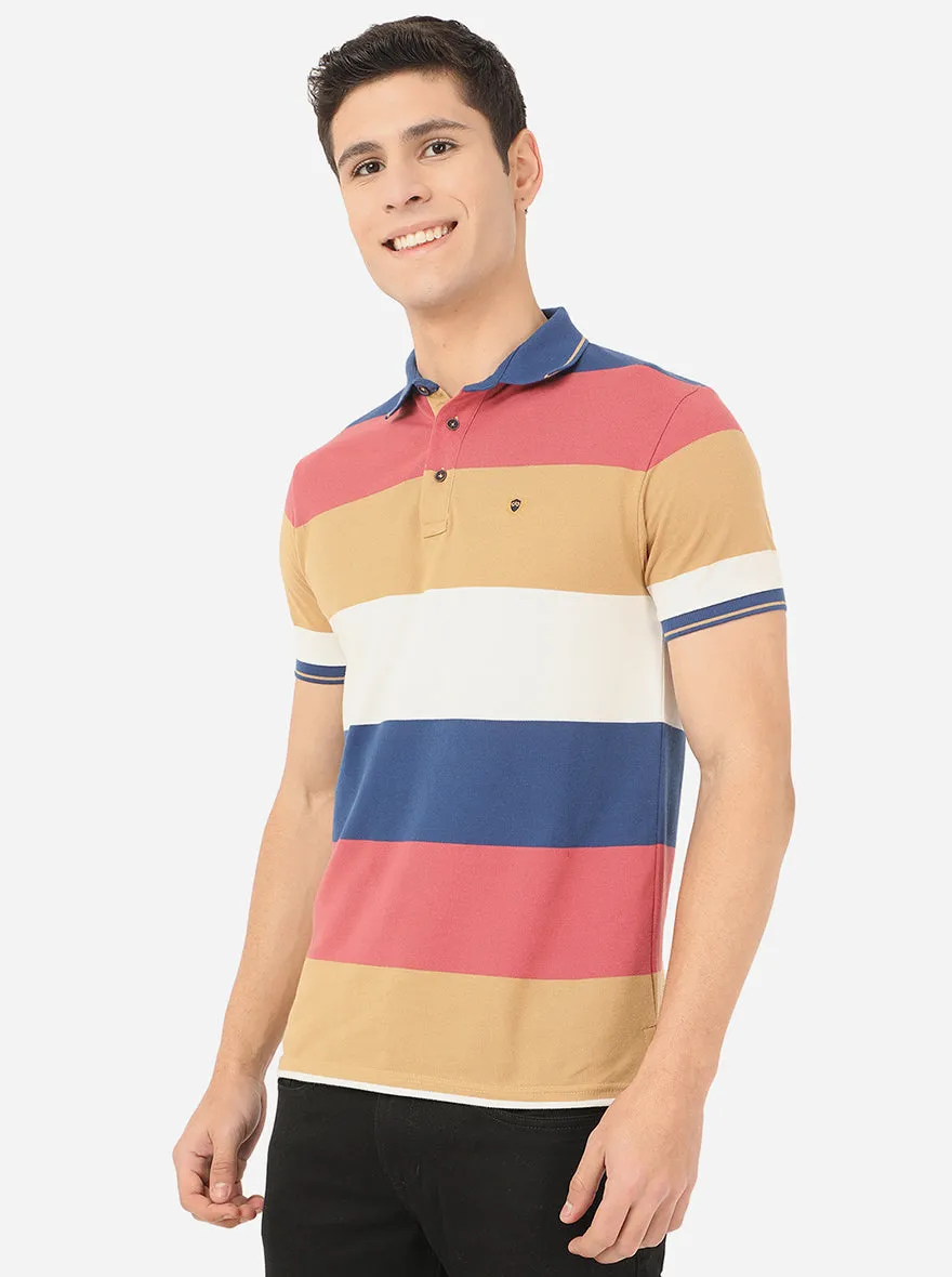 Cloud Pink & Beige Striped Slim Fit Polo T-Shirt | JadeBlue