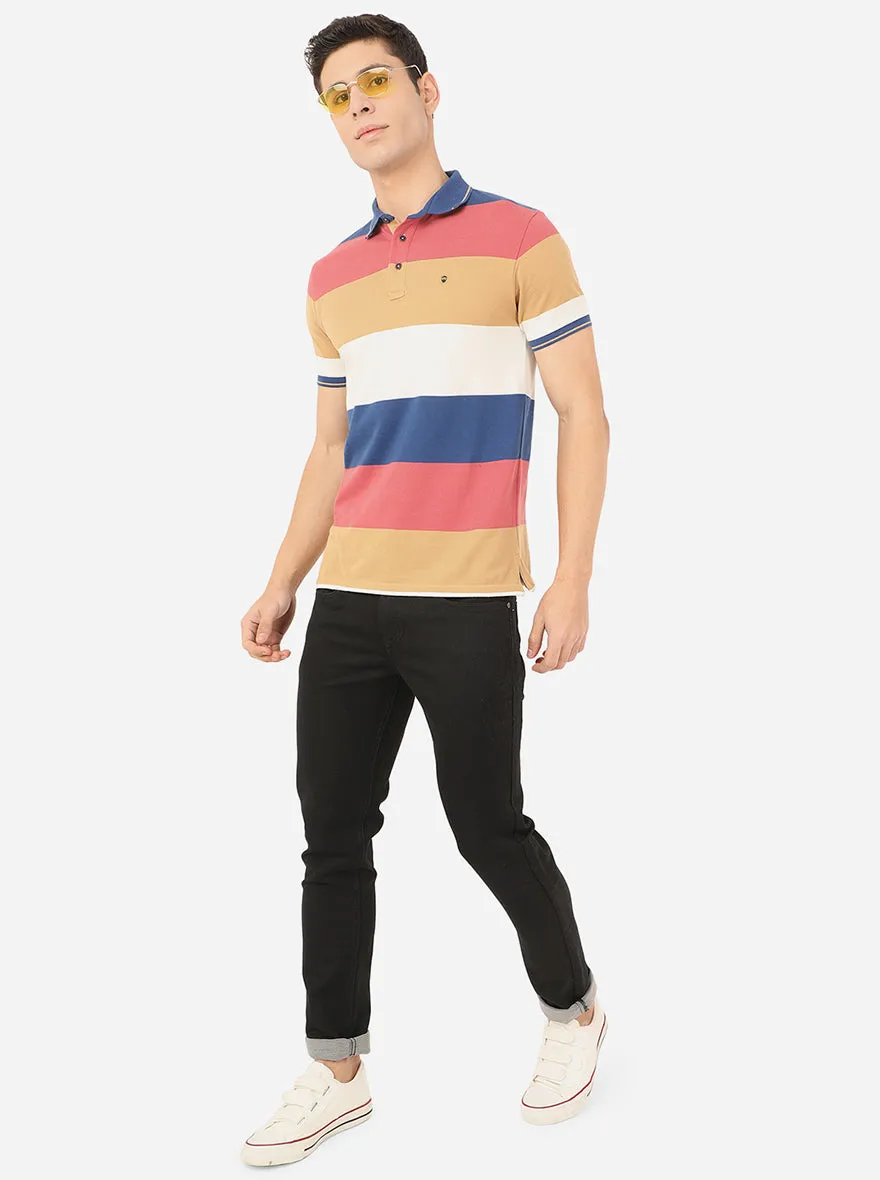 Cloud Pink & Beige Striped Slim Fit Polo T-Shirt | JadeBlue