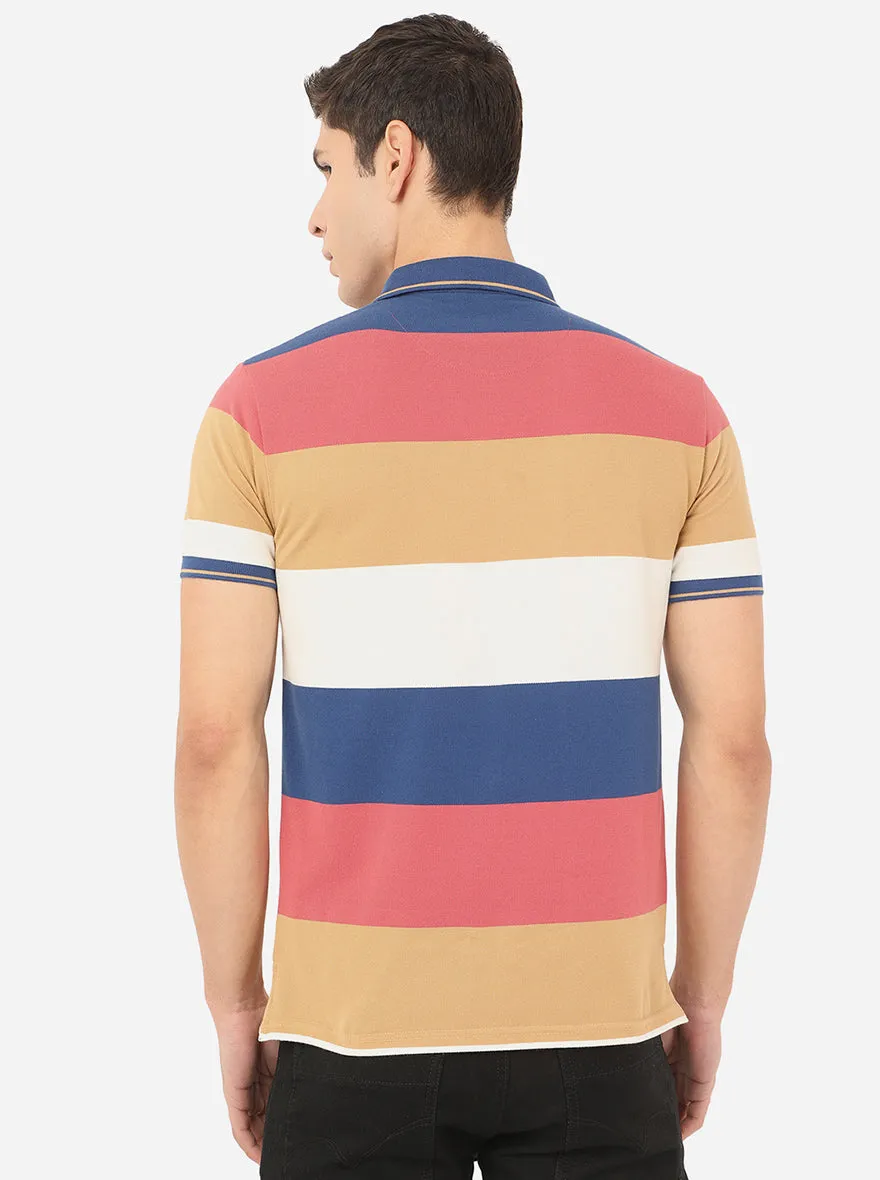 Cloud Pink & Beige Striped Slim Fit Polo T-Shirt | JadeBlue