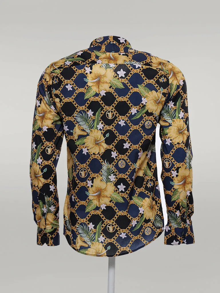 Colorful Floral Patterned Slim Fit Long Sleeves Navy Blue Men Shirt - Wessi