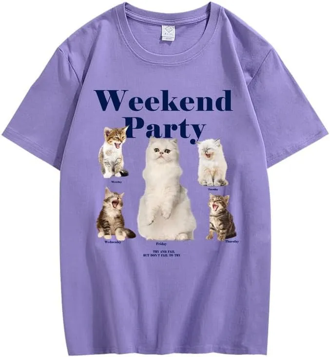 CORIRESHA Teen Cute Cat Graphic Crewneck Short Sleeve Casual Weekend Party T-Shirt