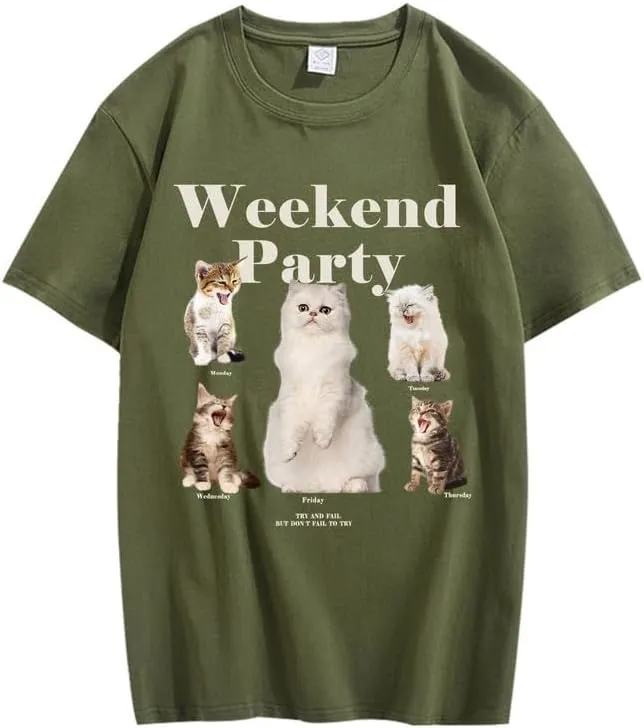 CORIRESHA Teen Cute Cat Graphic Crewneck Short Sleeve Casual Weekend Party T-Shirt