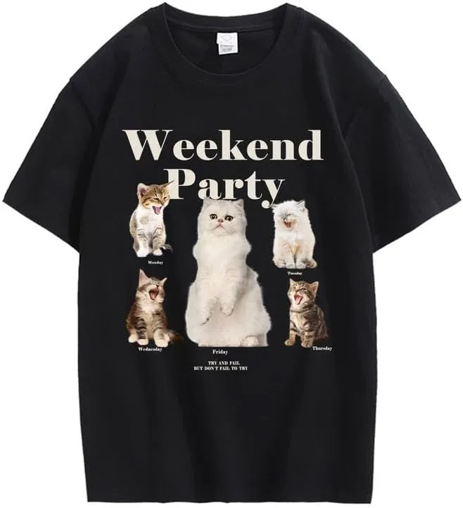 CORIRESHA Teen Cute Cat Graphic Crewneck Short Sleeve Casual Weekend Party T-Shirt