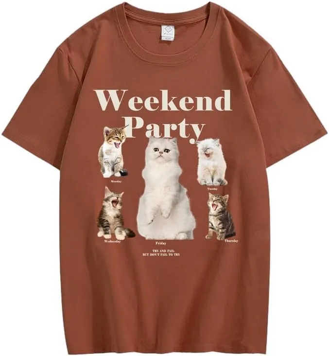 CORIRESHA Teen Cute Cat Graphic Crewneck Short Sleeve Casual Weekend Party T-Shirt