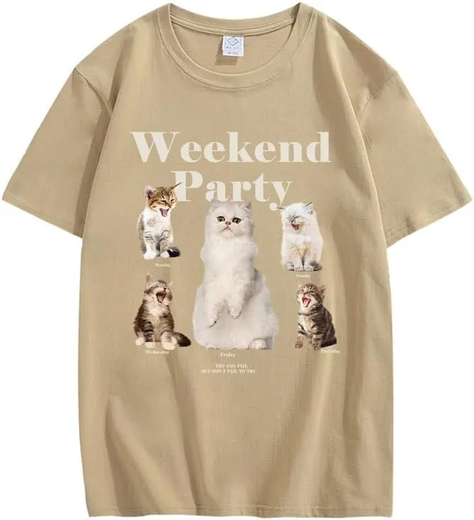 CORIRESHA Teen Cute Cat Graphic Crewneck Short Sleeve Casual Weekend Party T-Shirt