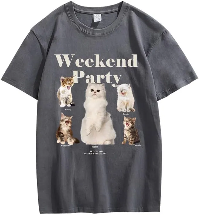 CORIRESHA Teen Cute Cat Graphic Crewneck Short Sleeve Casual Weekend Party T-Shirt