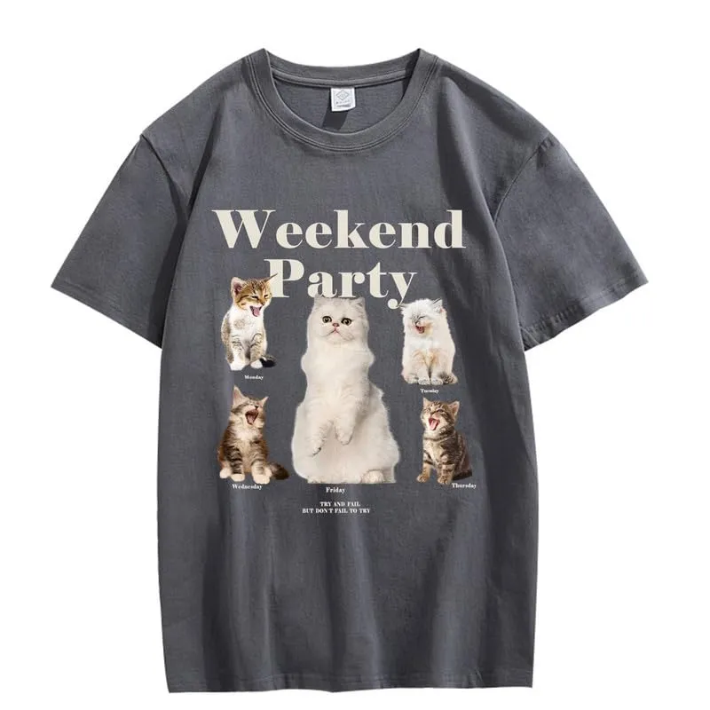 CORIRESHA Teen Cute Cat Graphic Crewneck Short Sleeve Casual Weekend Party T-Shirt